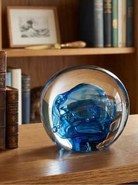 CAITHNESS Blue Glass Art Paperweight - DOLPHIN CHASE. NUMBERED
